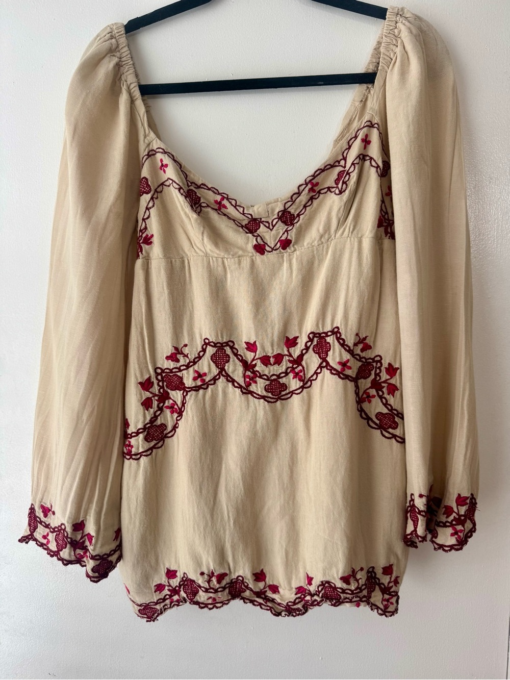 Free People Cream Tunic with Red Floral Embroidery